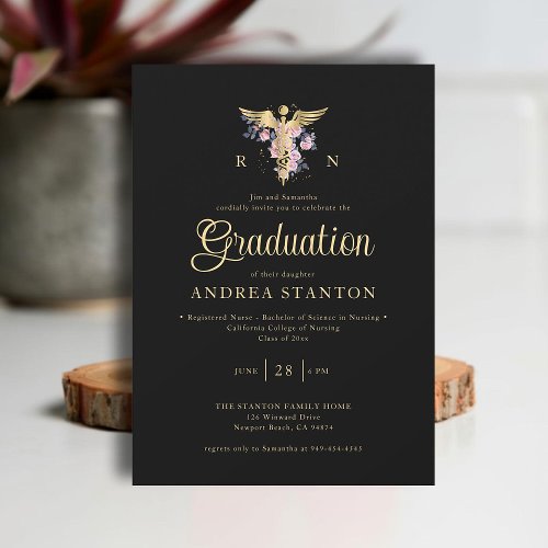 Nurse School Graduation Caduceum Rose Modern Black Invitation