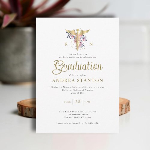 Nurse School Graduation Caduceum Roses Chic Modern Invitation