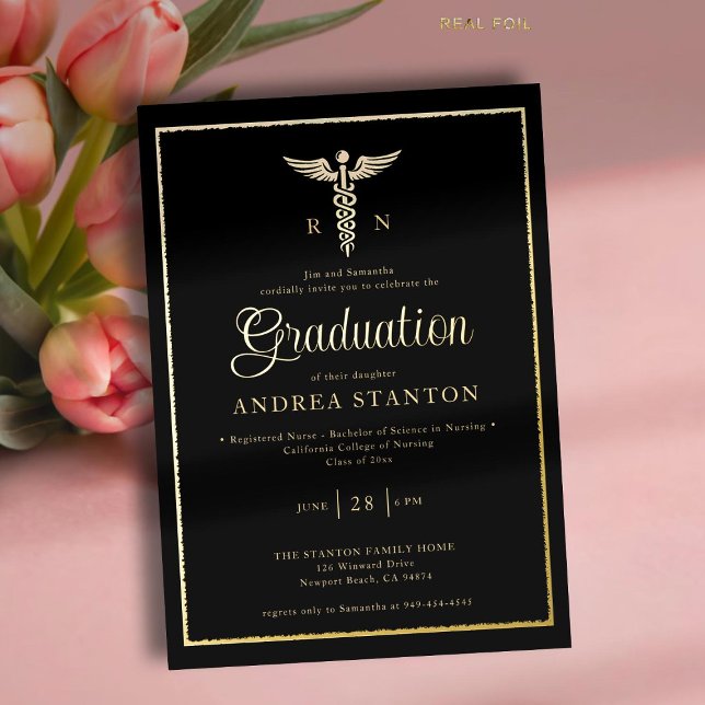 Nurse School Graduation Frame Caduceum Modern Gold Foil Invitation (nurse nursing school graduation gold foil caduceum brushed frame contemporary modern elegant simple )