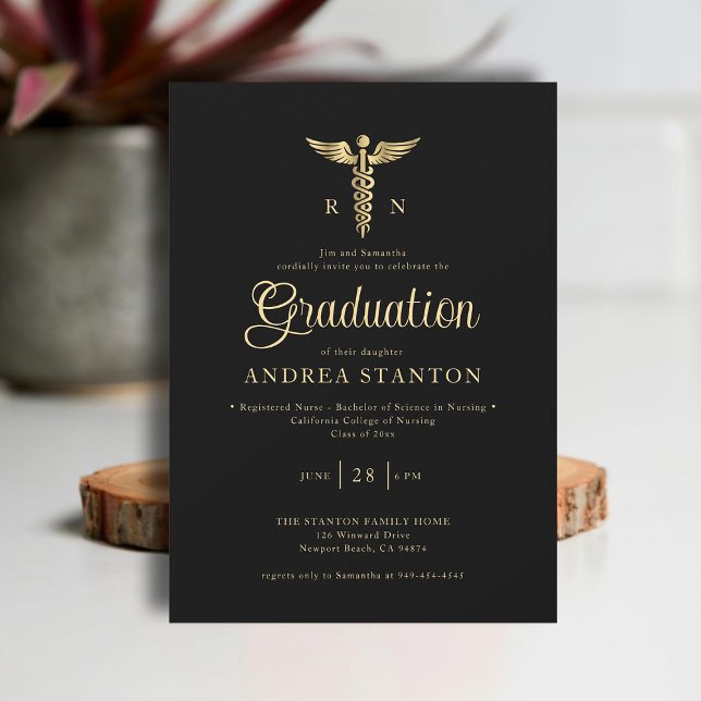 Nurse School Graduation Gold Caduceum Modern Black Invitation (nurse nursing school graduation gold caduceum contemporary modern elegant simple black)