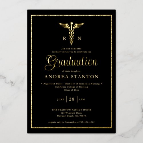 Nurse School Graduation Gold Frame Caduceum Black Foil Invitation