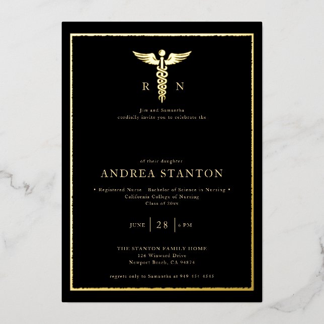 Nurse School Graduation Gold Frame Caduceum Black Foil Invitation (Front)