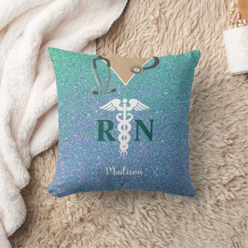 Nurse Scrub Top Teal Blue Glitter Stethoscope Name Throw Pillow