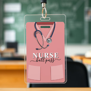 Nurse Scrubs Pink Shirt Stethoscope Hall Pass Badge