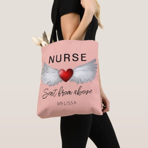 Nurse Sent From Above Angel Wings Pink Name Tote Bag