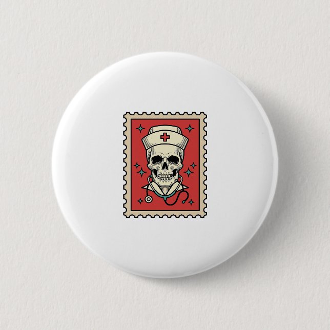 Nurse Skull Funny Retro Stamp_1 Button (Front)