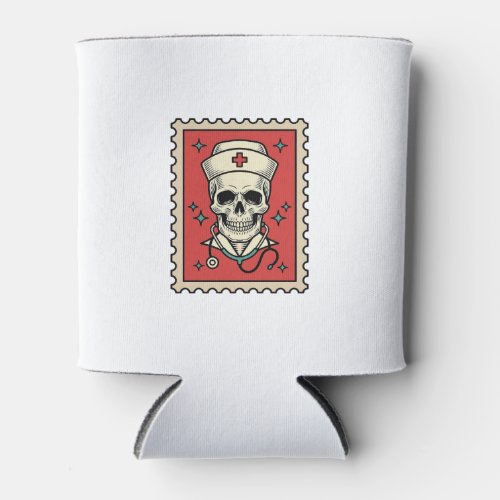 Nurse Skull Funny Retro Stamp_1 Can Cooler