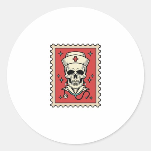 Nurse Skull Funny Retro Stamp_1 Classic Round Sticker