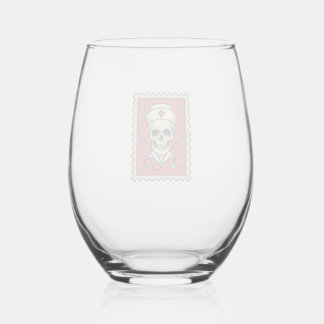 Nurse Skull Funny Retro Stamp_1 Stemless Wine Glass