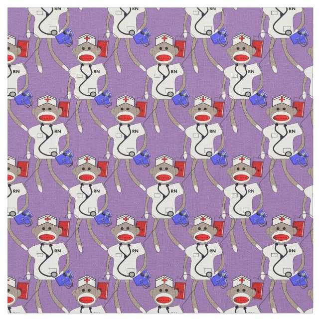 Nurse Sock Monkey Fabric Purple (Close Up)