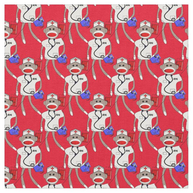 Nurse Sock Monkey Fabric Red (Close Up)