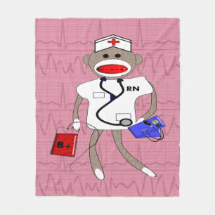 Nurse Sock Monkey Fleece Blanket Pink