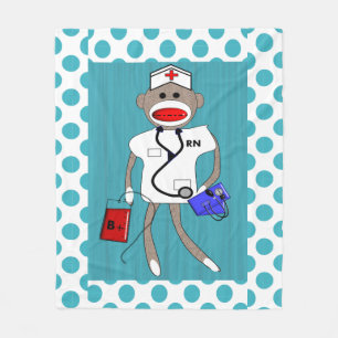 Nurse Sock Monkey Fleece Blanket Polka Dots
