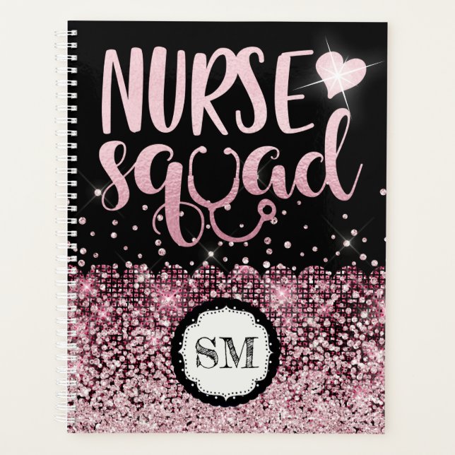 Nurse squad pink glitter monogram nursing planner (Front)