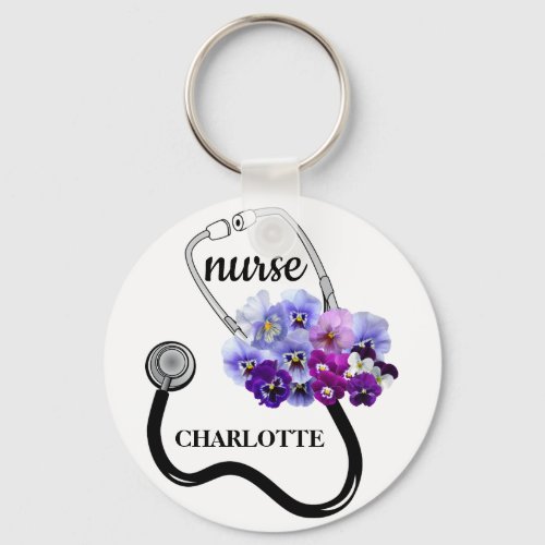  Nurse Stethoscope and Blue Pansy Floral  Keychain