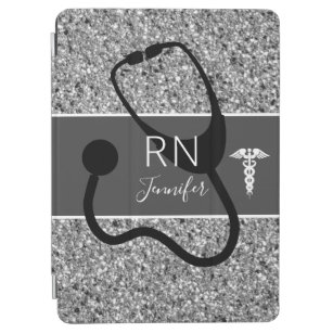 Nurse Stethoscope Black Silver Glitter Monogram iPad Air Cover