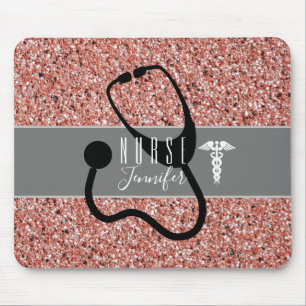 Nurse Stethoscope Caduceus Rose Gold Glitter Mouse Pad