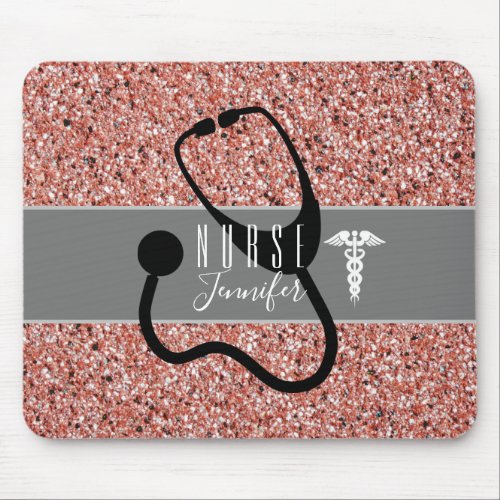 Nurse Stethoscope Caduceus Rose Gold Glitter Mouse Pad