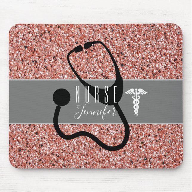 Nurse Stethoscope Caduceus Rose Gold Glitter Mouse Pad (Front)