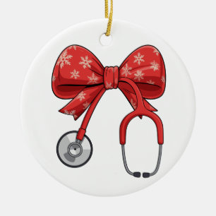 Nurse Stethoscope Christmas Bow Coquette Girly Ceramic Ornament