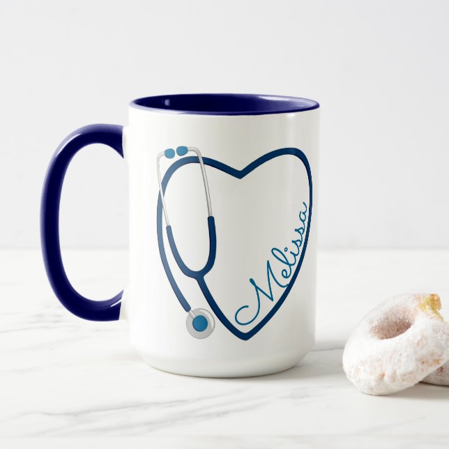 Nurse Stethoscope Heart Blue Coffee Fun Mug (With Donut)