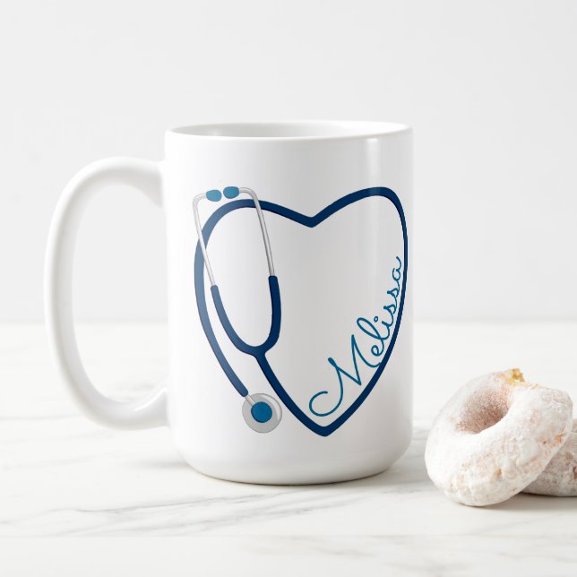 Nurse Stethoscope Heart Blue Coffee Fun Valentine Coffee Mug (With Donut)