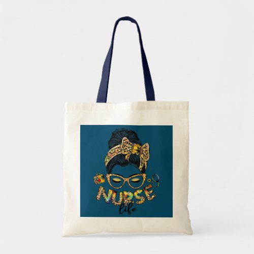 Nurse Stethoscope Messy Bun Leopard Sunflower Tote Bag