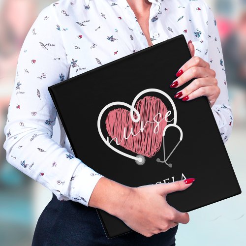 Nurse Stethoscope Pink Heart Black 3 Ring Binder