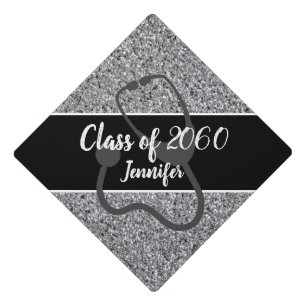 Nurse Stethoscope Silver Glitter Personalized Graduation Cap Topper