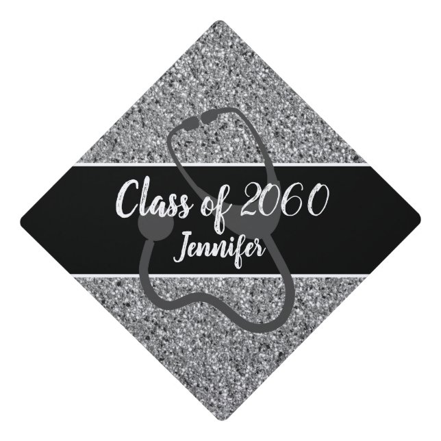 Nurse Stethoscope Silver Glitter Personalized Graduation Cap Topper (Front)