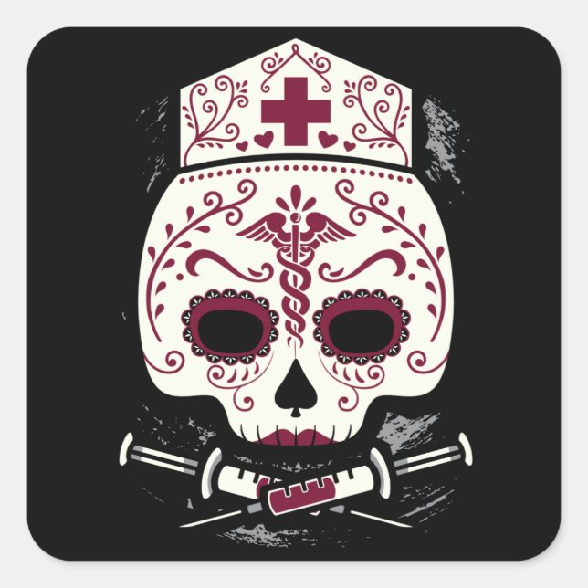 Nurse Sugar Skull Square Sticker (Front)