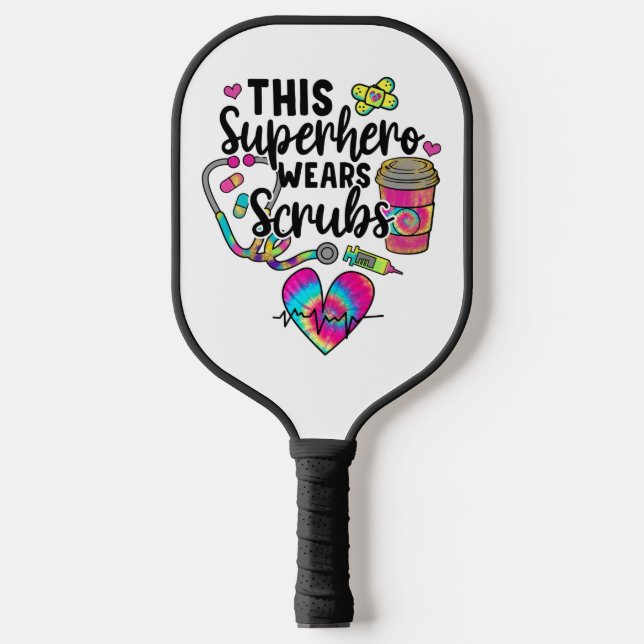 Nurse Superhero Wears Scrubs Colorful Medical Pickleball Paddle (Front)
