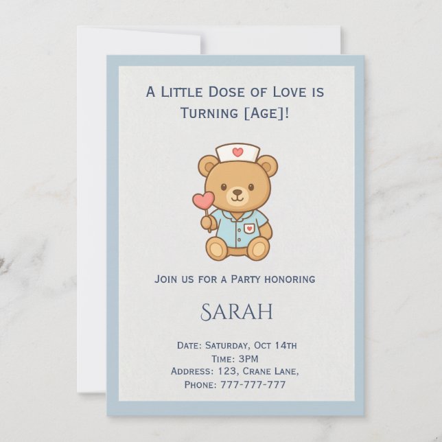 Nurse Teddy Bear Birthday Invite (Front)