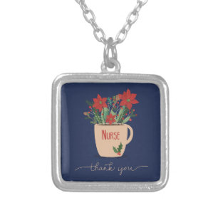 Nurse Thank You at Christmas Poinsettias Silver Plated Necklace