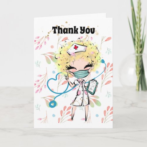 Nurse thank you illustration caucasian blonde girl card