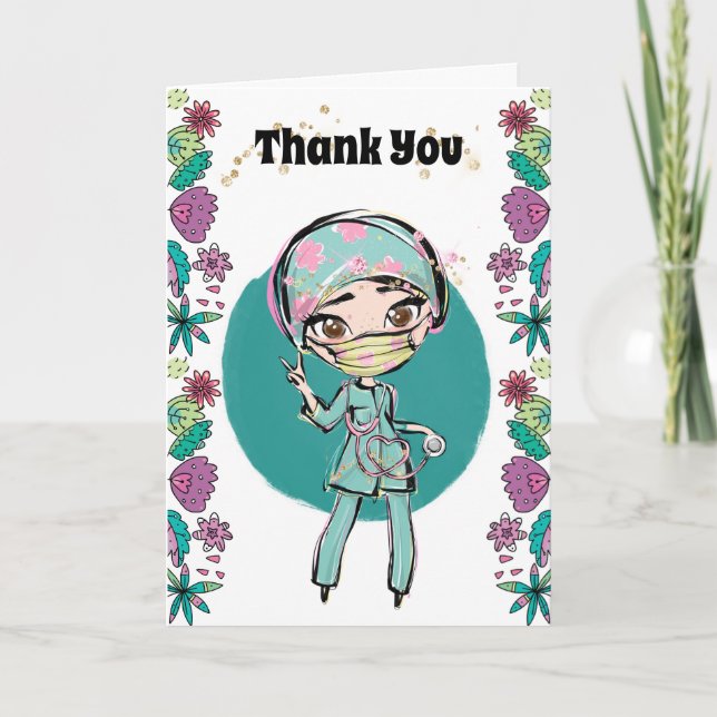 Nurse thank you illustration surgeon flowers peace card (Front)