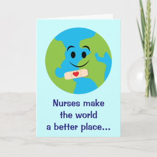 Nurse Thanks with Smiling Globe, Bandage and Heart Letterpress Thank You Card