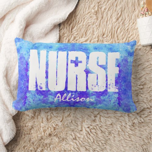 Nurse Typography Blue Purple Tie Dye Monogram Lumbar Pillow