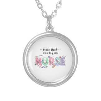 Nurse Typography with Stethoscope Medical Icons  Silver Plated Necklace