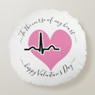 Nurse Valentines Day pink heartbeat pulse Round Pillow