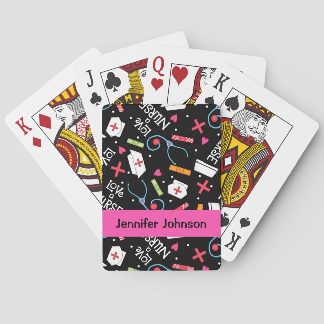 Nurse Whimsy Art Black Name Personalized Poker Cards (Back)