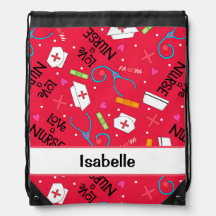 Nurse Whimsy Medical Art Red Name Personalized Drawstring Bag