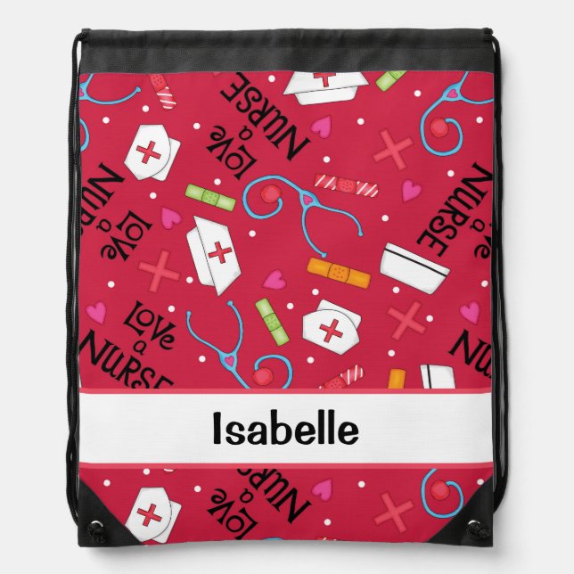 Nurse Whimsy Medical Art Red Name Personalized Drawstring Bag (Front)