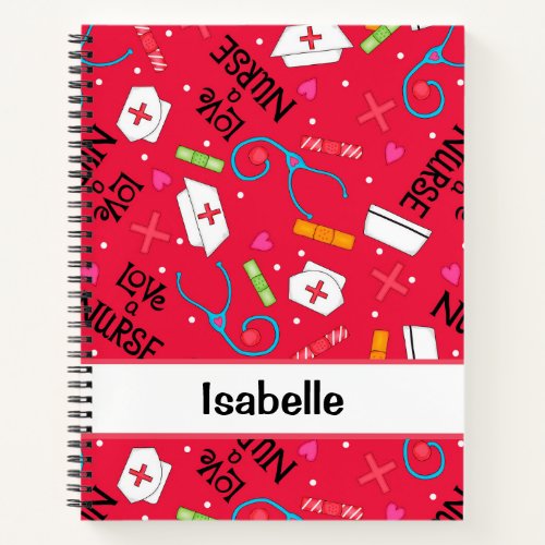 Nurse Whimsy Medical Art Red Name Personalized Notebook