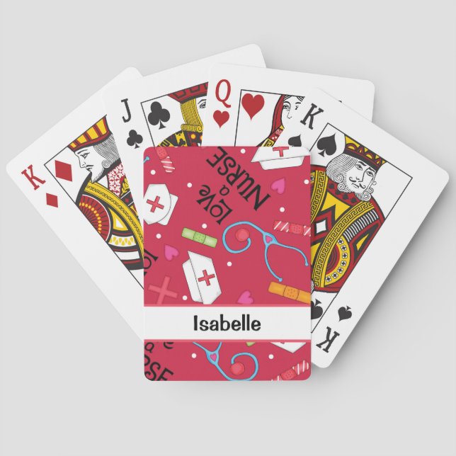Nurse Whimsy Medical Art Red Name Personalized Poker Cards (Back)