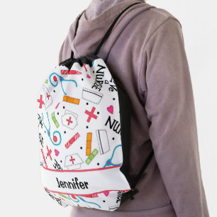 Nurse Whimsy Medical Art White Name Personalized Drawstring Bag