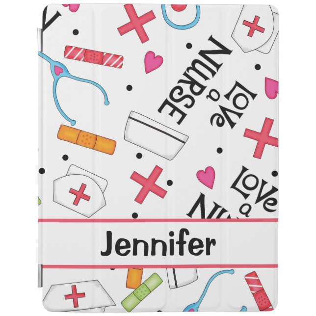Nurse Whimsy Medical Art White Name Personalized iPad Smart Cover (Front)