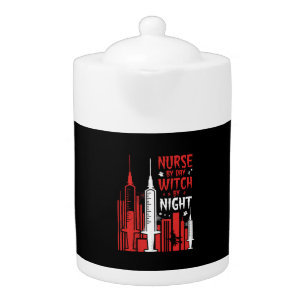 Nurse Witch Halloween Skyline Design_1 Teapot