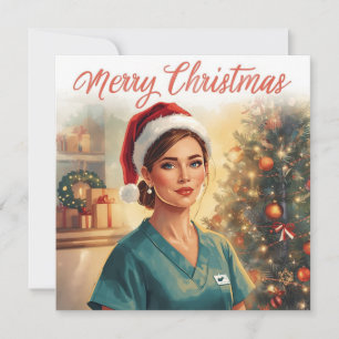 Nurse with Christmas tree in hospital Holiday Card