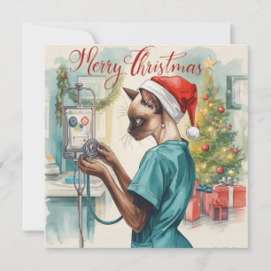 Nurse with Christmas tree in hospital Holiday Card